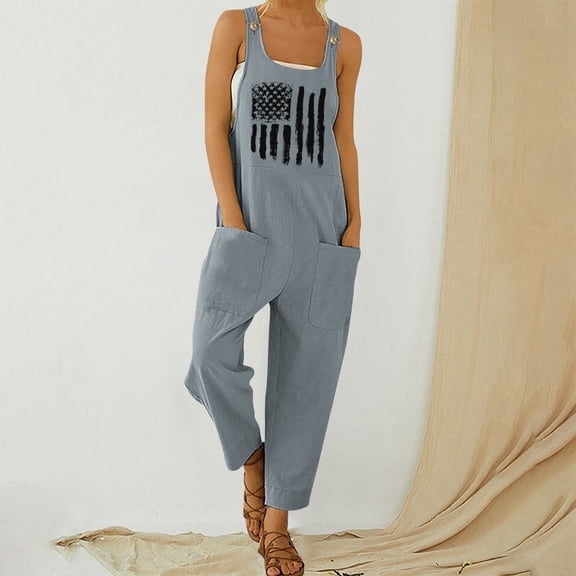 Conairie Women 4th of July Overalls American Falg Print Lightweight Adjustable Straps Jumpsuits Wide Leg Pants With Pockets L