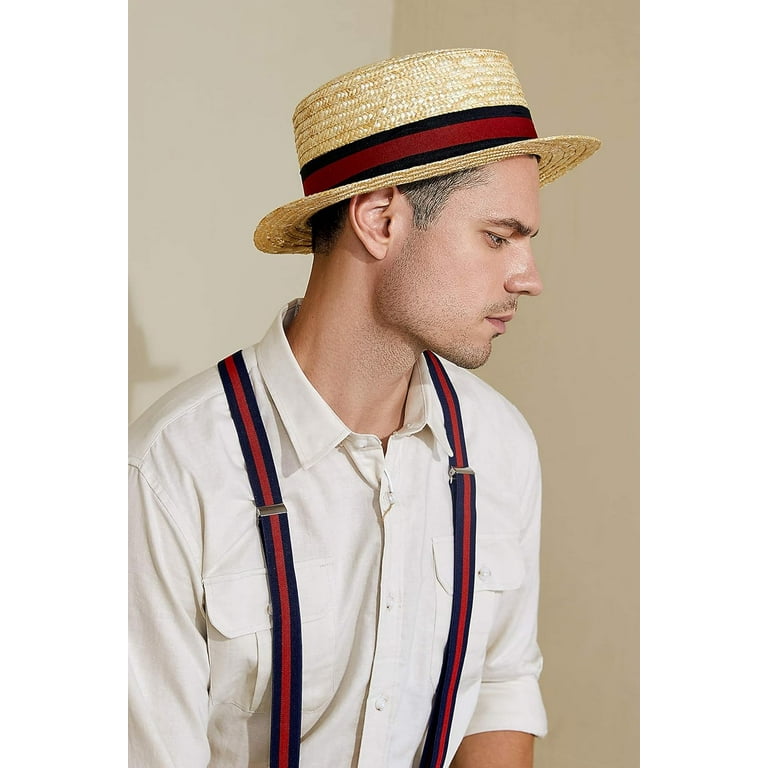 Men s 1920s Brim Boater Hat Gatsby Straw Hat 20s Costume Accessories