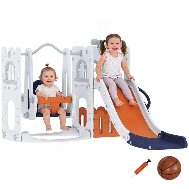 Qaba 6-in-1 Slide and Swing Set with Basketball Hoop, Climber, Orange