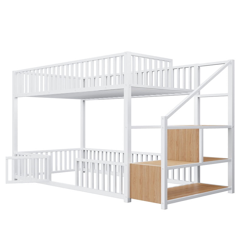 Twin Size Versatile Loft Bed with No Slat Floor Bed & Safety Guardrails, Kids Storage Bunk Bed Frame with Stair