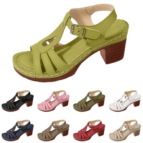 Modstep Chunky Heel Sandals Round Open Toe Heeled Platform Sandal with Buckles Ankle Strap Party Shoes for Ladies Wedding Dress size 5.5 Green