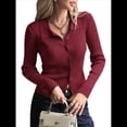 thumbnail image 1 of Cárdigan de Punto Acanalado con Botones y Larga para Mujer, Suéter Informal Ajustado con Cuello. Rojo Oscuro S, 1 of 9