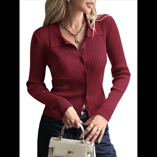Cárdigan de Punto Acanalado con Botones y Larga para Mujer, Suéter Informal Ajustado con Cuello. Rojo Oscuro S