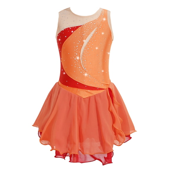 YONGHS Kids Girls Shiny Rhinestone Figure Ice Skating Dress Sleeveless Chiffon Ballet Dance Dress Orange 12