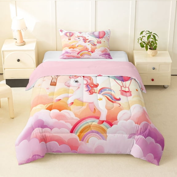 Manfei Sweet Unicorn Twin Comforter Sets,Dreamy Cloud Balloon Bedding Set,Pink Multicolor,Pink Reversible,2 Pieces,1 Comforter and 1 Pillowcase