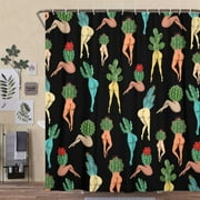 Funny Cactuc Butt Shower Curtain, Fun Cute Sexy Butt 70S 80S Fabric Shower Curtain Set, Funky Hippie Psychedelic Aesthetic Colorful Unique Cool Cloth Black Western Boho Shower Curtain 70X70IN