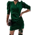 thumbnail image 5 of Sedceaty Female Evening Dress, Solid Color V-Neck Long Puff Sleeve One-Piece with Drawstring for Ladies, Wine Red/Green/Black, S/M/L, 5 of 8