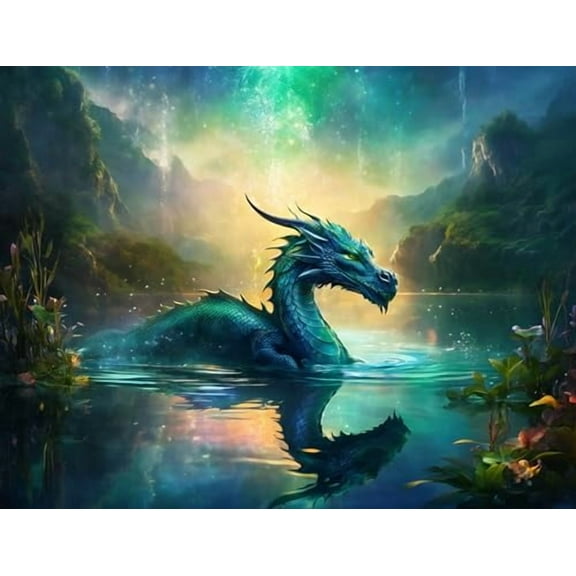 Green Dragon with green sky in water Edible Icing Sheets- Assorted Image Cake Toppers-Frosting Sheets- Cookies- Cupcake Toppers for 1/4 Sheet Cake or Larger