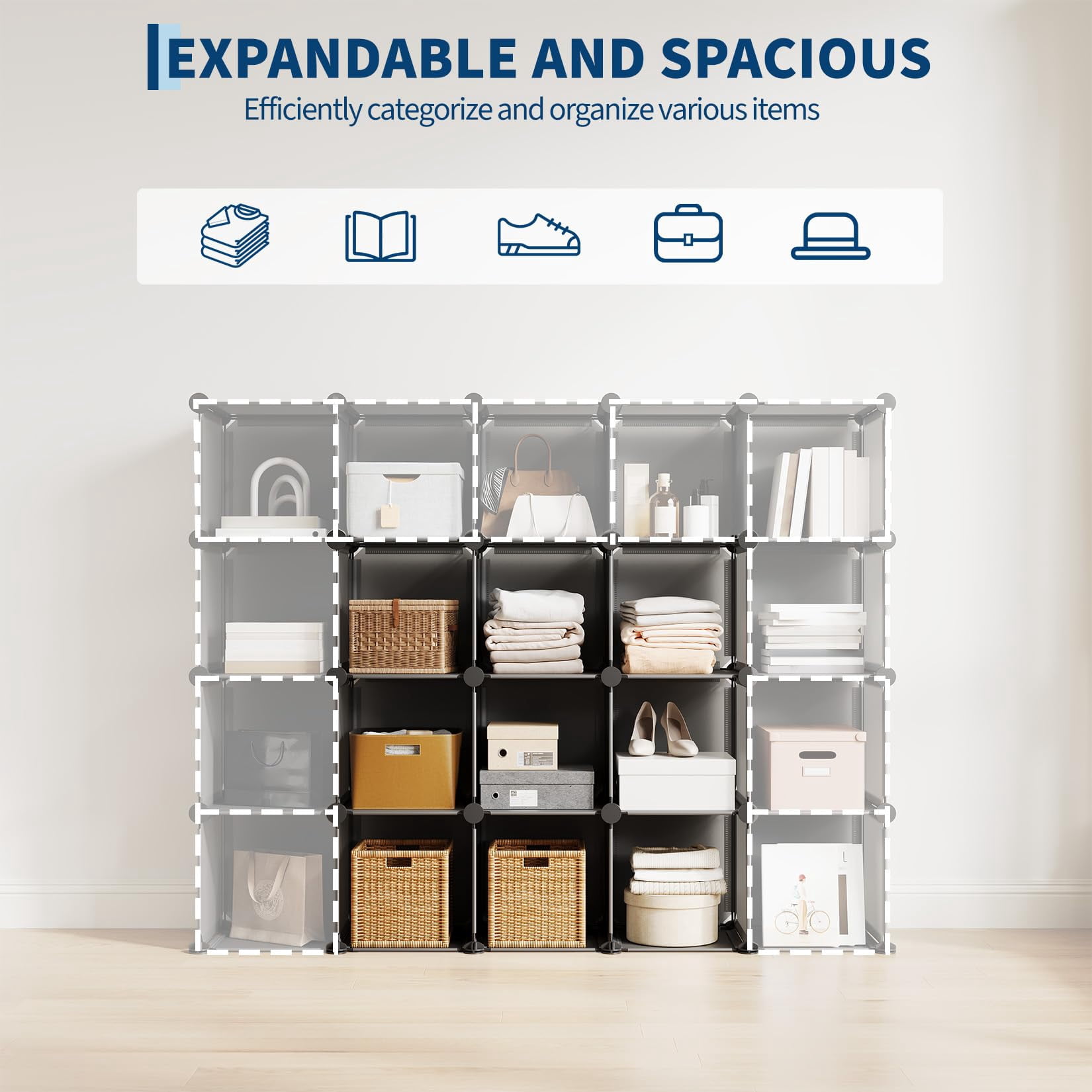 9 Cube Storage Organizer, DIY Modular Bookshelf & Closet Organizer, Plastic Stackable Shelving Cubes with Feet & Rubber Mallet