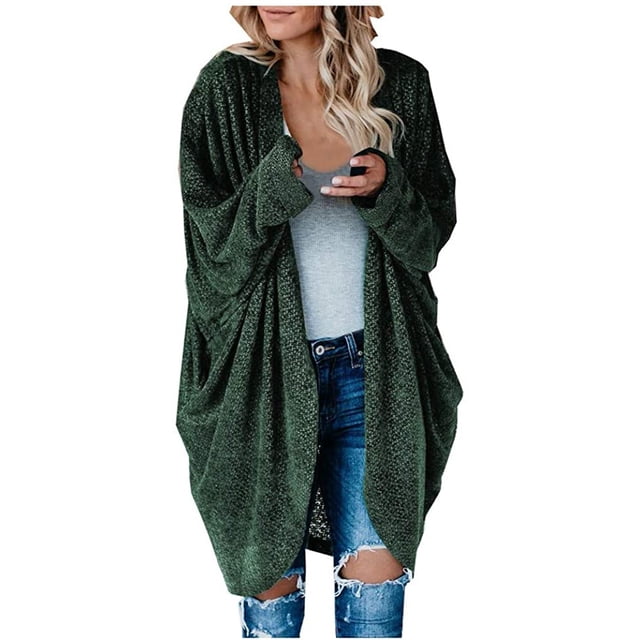 Womens Cardigans Sweater Solid Color Outwears Long Sleeves Plus Size Open-Front Knit Chunky Long Coat with Pocket