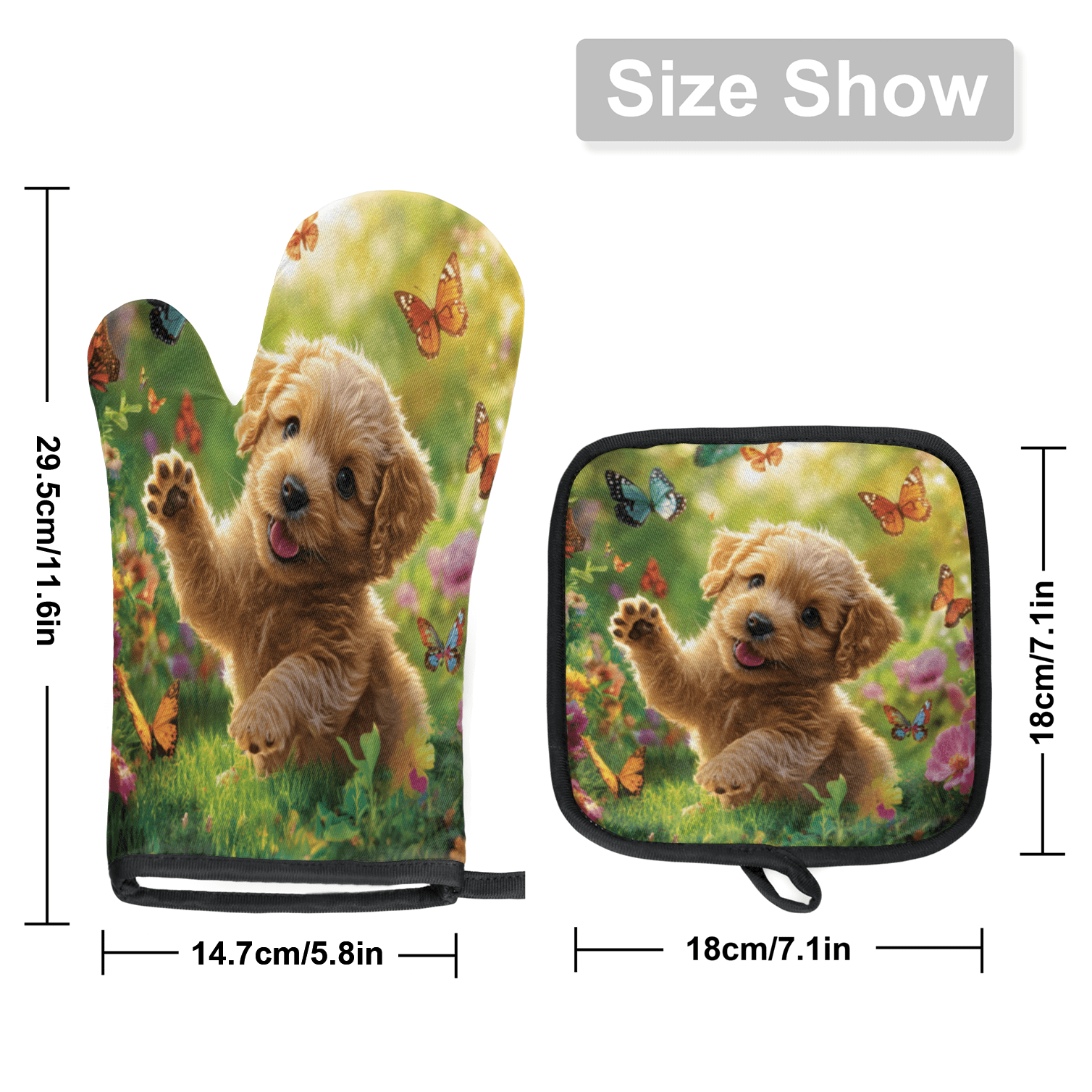 CURLYOOT Cute Dog with Butterfly Oven Mitts and Pot Holders Sets of 2, Non-Slip Washable Hot Pads and Oven Gloves for Kitchen Cooking Baking