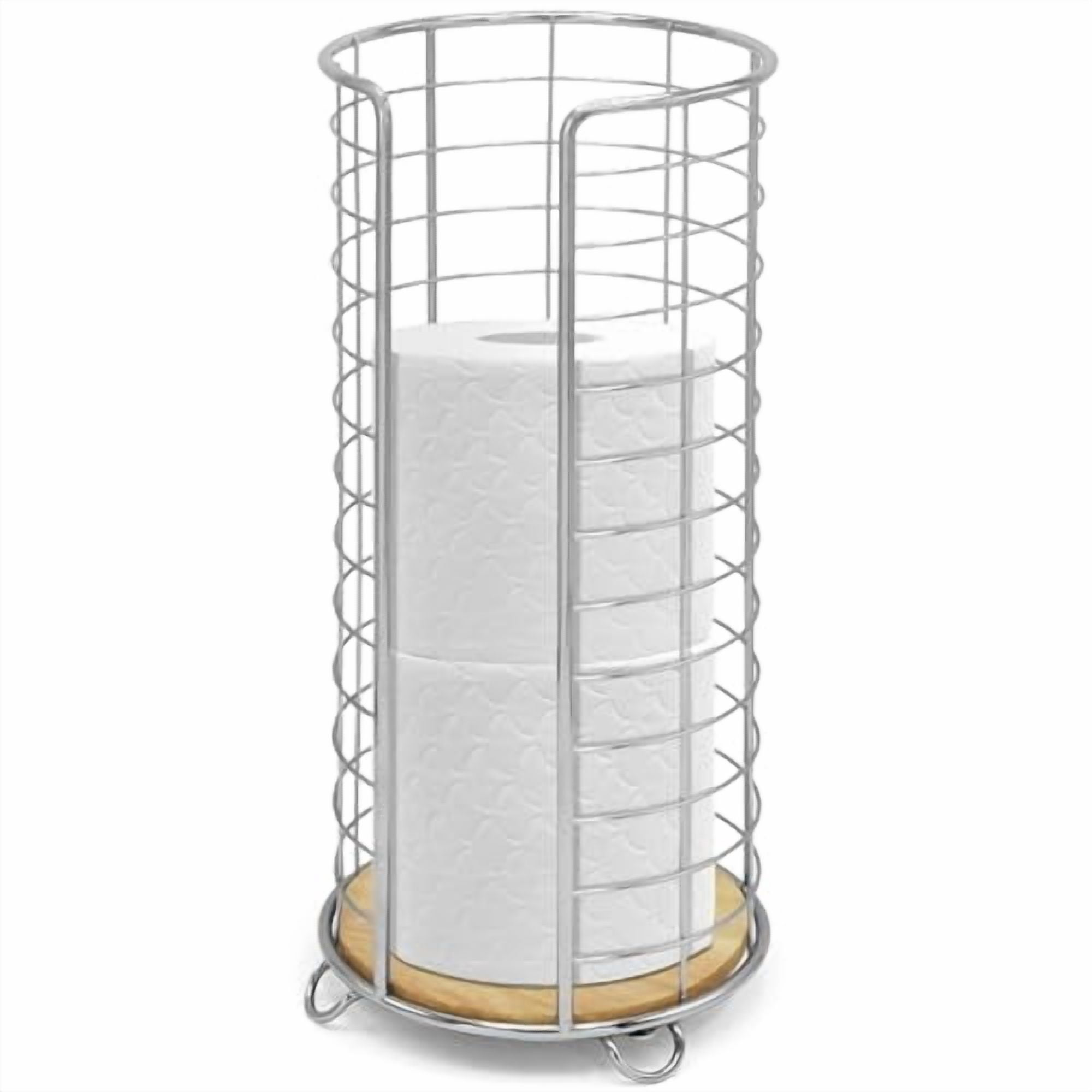 , Stylish Toilet Paper Holder with Bamboo Base, Freestanding Bathroom Tissue Organizer, Minimalistic Storage Solution, Modern Trending Design [Holds Large Rolls], Chrome…