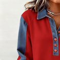 thumbnail image 7 of Women's Waffle Knit Denim Trim Collared Pullover Vintage Half Button Long Sleeve Casual Jean Tops, #02 Deep Red, S, 7 of 7