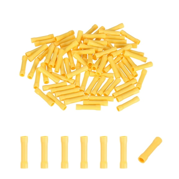 Uxcell 100 Pcs Fully Insulated Butt Connectors, BV1.25 0.5-1.5 Gauge Copper Wiring Crimps Terminals Kit, Straight Wire Terminals for Wire Connection Electrical, Yellow