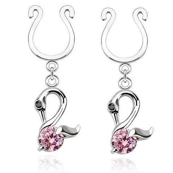Nipple Rings non pierce pair Clip On Nipple Ring Swan Dangle with Single CZ
