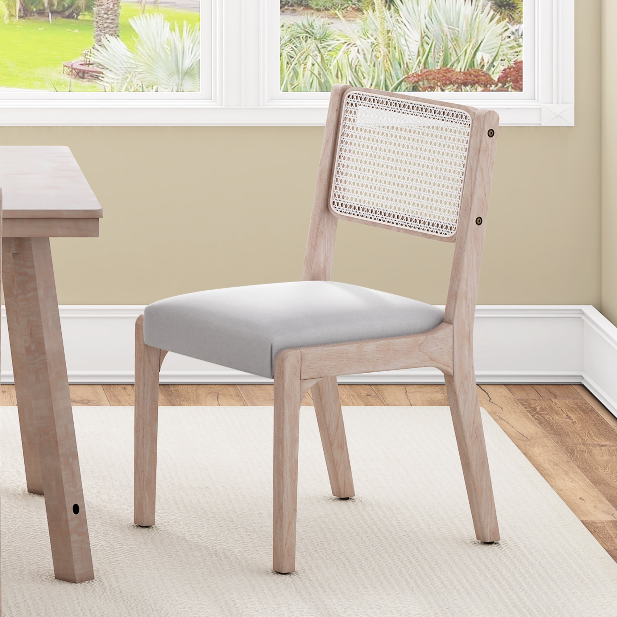Euroco Wood Dining Chairs Set of 2, Modern Kitchen Side Chairs with Padded Seat and Rattan Back,Farmhouse Accent Chairs for Dining Room,Beige