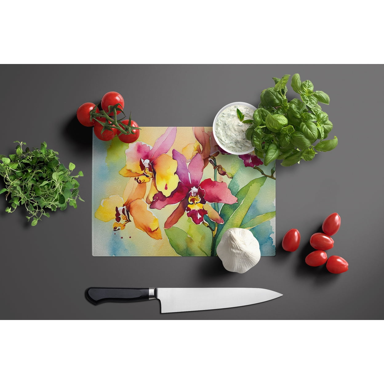 Orchids in Watercolor Glass Cutting Board Large 12 in x 15 in