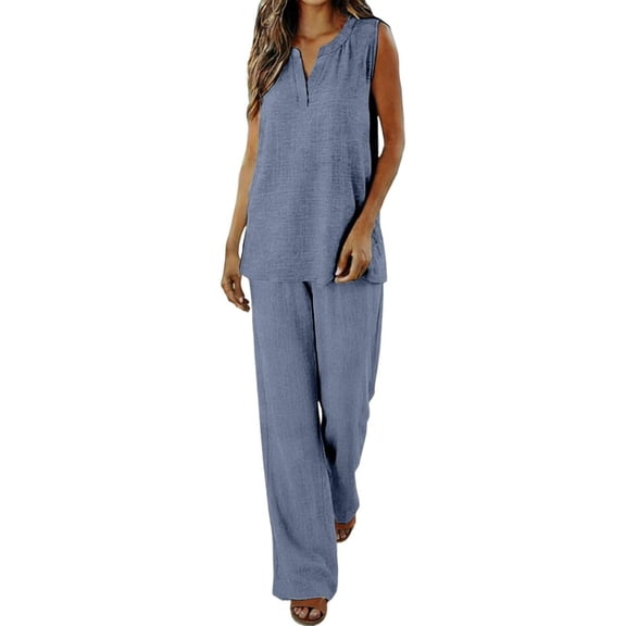 JFGHDG Spring Travel Outfits for Women Womens Linen Outfit Two Piece Summer Sleeveless Tank Tops Gauze Tshirt Wide Leg Elastic Waist Casual Linen Pant Set Blue L
