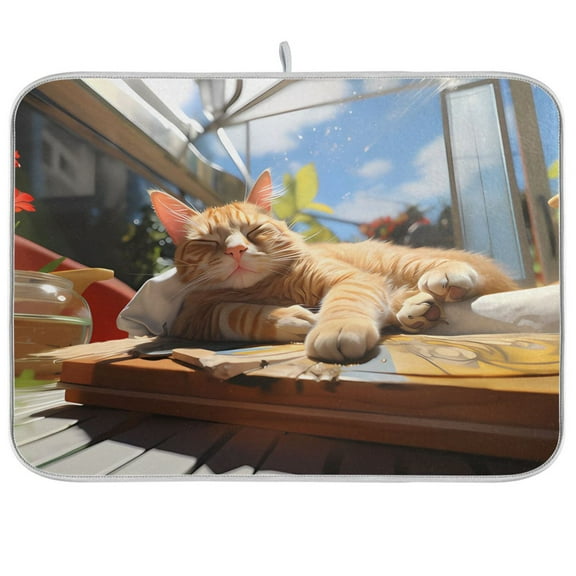 Orange Cat Sunlight Dish Drying Mat Dish Drainer Rack Mats Water Absorbent Non-Slip Easy Clean Heat Resistant for Kitchen Counter
