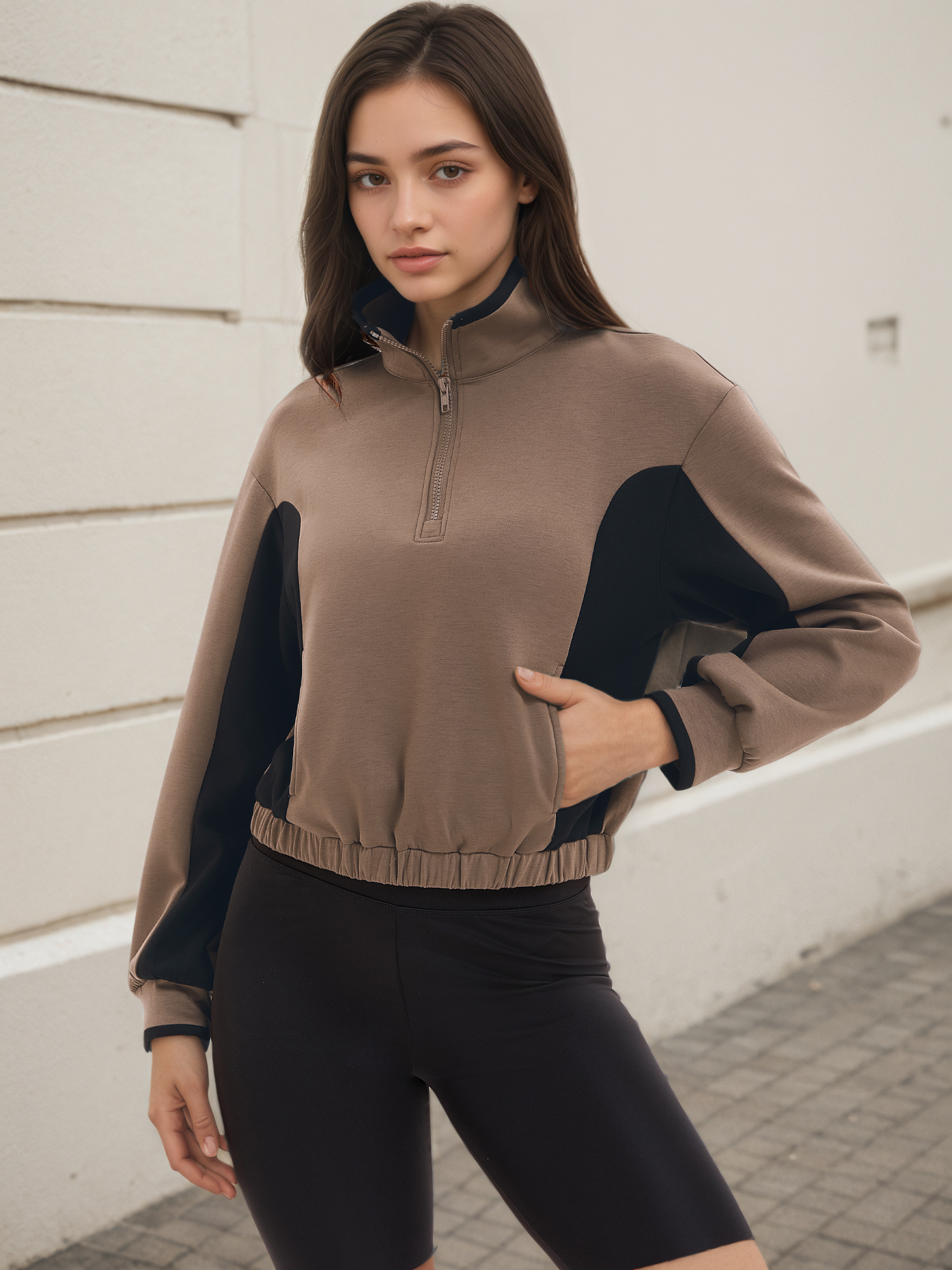 DARING DIVA Women's Quarter Zip Pullover Cropped Sweatshirt XL Brown Black