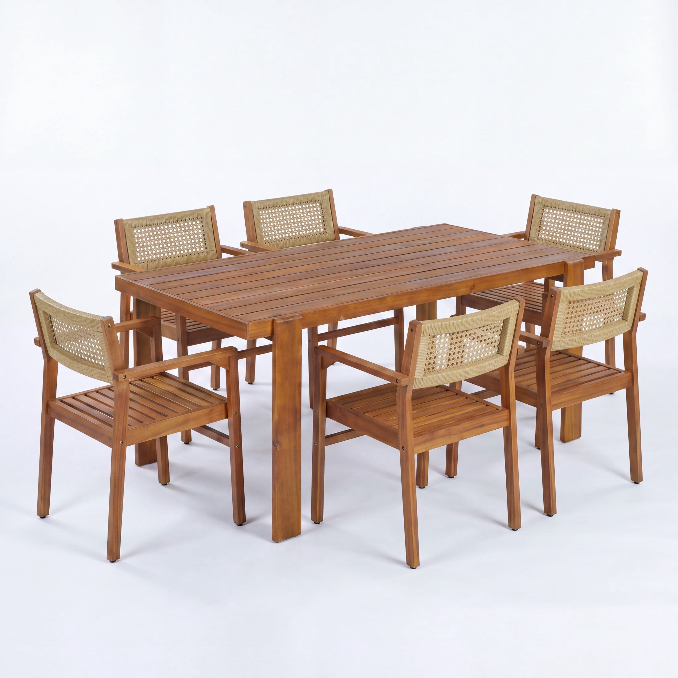 Christopher Knight Home 7-Piece Outdoor Dining Set, 67" Wood Table and Wicker Back Chairs, Teak