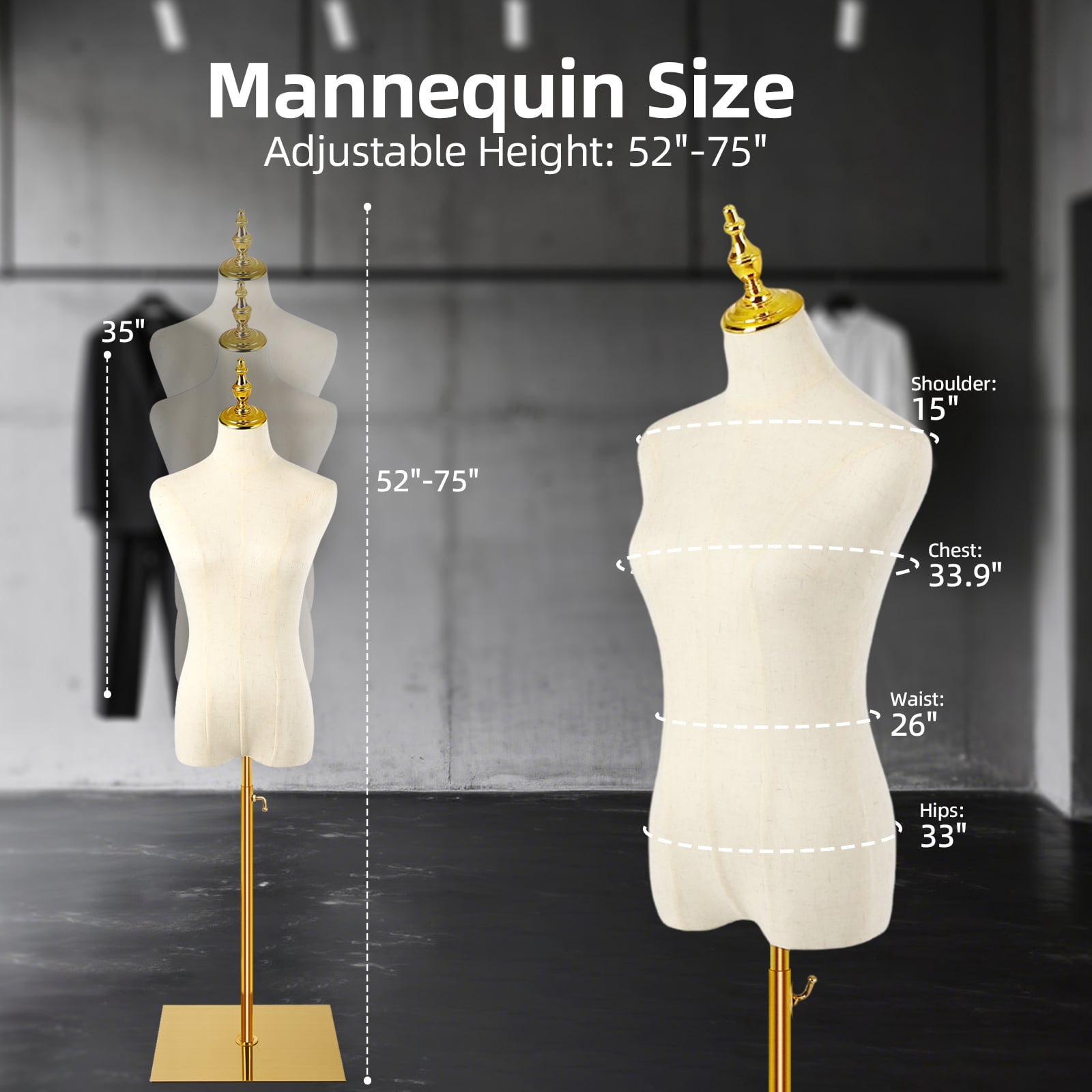 Female Mannequin, 2-Hole Position Mannequin Torso with Stand, Height Adjustable Torso for Clothing Dress Jewelry Display, Sewing, Beige