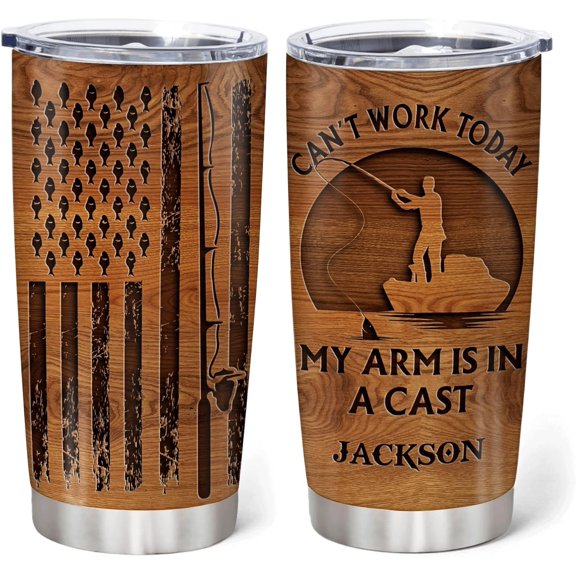 Personalized Fishing Gifts For Men - Can't Work Today My Arm Is In A Cast Tumbler 20 Oz Travel Coffee Mug Stainless Steel - Fathers Day Gift For Dad, Him, Boy, Husband On Birthday, Christmas