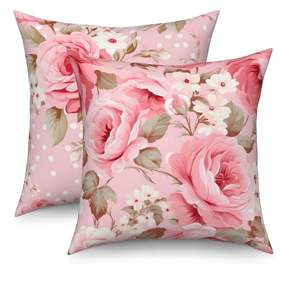 Set of 2 Throw Pillow Covers Pink Rose Flower,Spring Floral Decoration Pillow Case for Home Living Room Bed,18"x18" Inch