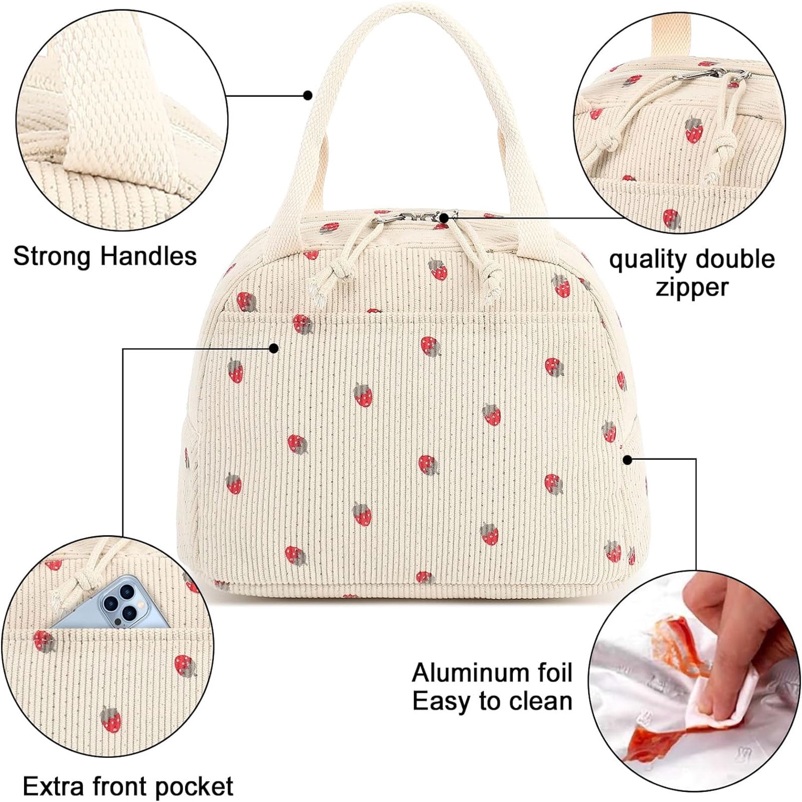 SQDWYGG Lunch Bag Cute Corduroy Lunch Handbag Reusable Insulated Lunch Box Large Capacity Insulated Refrigerated Box,Beige strawberry