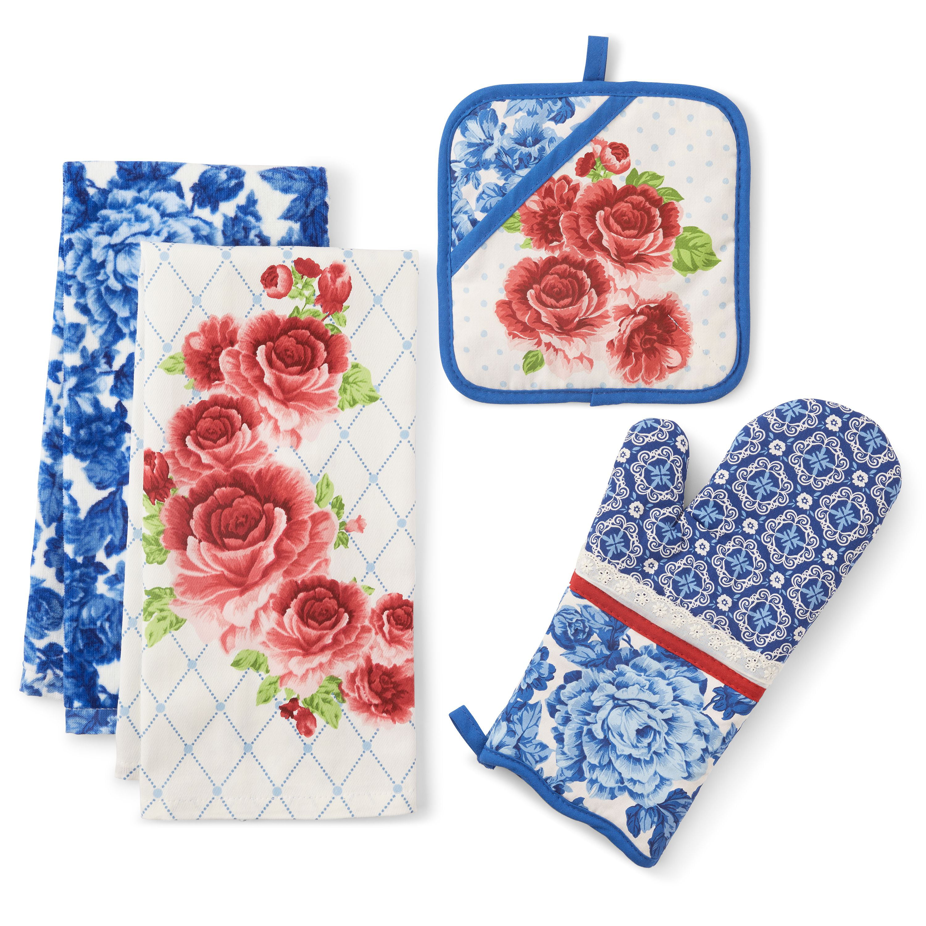 The Pioneer Woman, 4 Pack, Heritage Floral Kitchen Towel, Oven Mitt, and Pot Holder Set