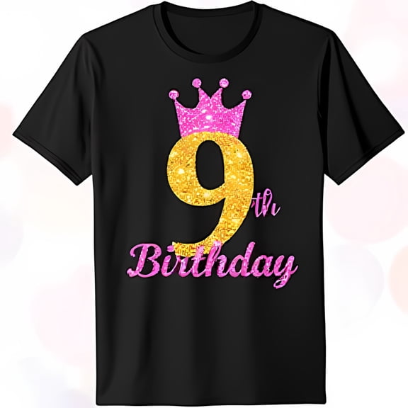 Sparkling Black T-Shirt for 9th Birthday with Pink Glitter Crown & Gold Number 9
