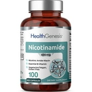 Health Genesis B-3 Nicotinamide 500 mg 100 Vcaps - Nicotinic Amide Niacin Natural Flush-Free Vitamin Formula - Supports Skin Cell Health