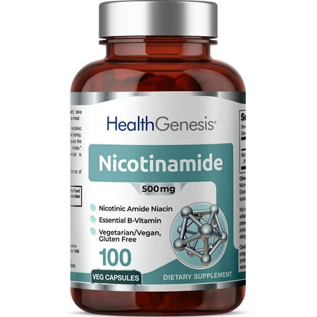 Health Genesis B-3 Nicotinamide 500 mg 100 Vcaps - Nicotinic Amide Niacin Natural Flush-Free Vitamin Formula - Supports Skin Cell Health