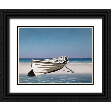 Lu Zhen-Huan 24x19 Black Ornate Wood Framed with Double Matting Museum Art Print Titled - White Boat On Beach