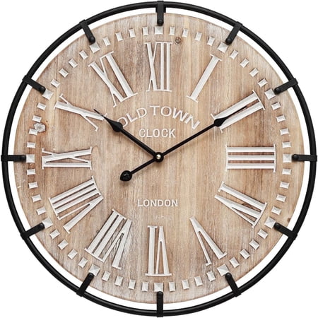 MODE HOME 24 inch Farmhouse Rustic Wall Clock, Silent Battery Operated with Metal Circle and Engraved Numerals