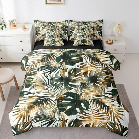 YST Palm Tree Leaf Bed In A Bag King Gold Green Hawaii Tropical Botanical Comforter Set 7 Piece Summer Watercolor Plant Nature Bedding Set Palm Leaves Bed Sheets Set With Comforter