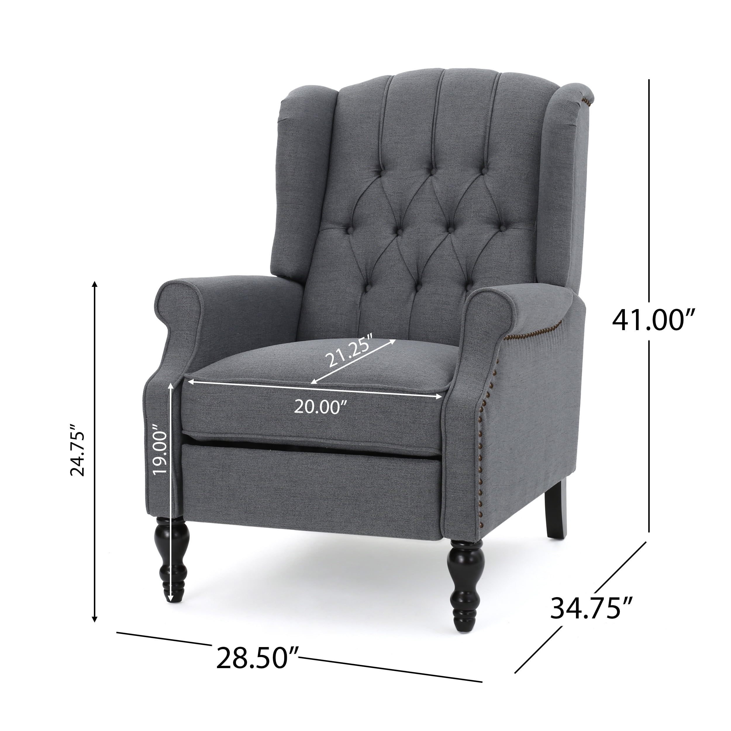 GDF Studio Elizabeth Contemporary Tufted Wingback Pushback Recliner, Charcoal and Dark Brown