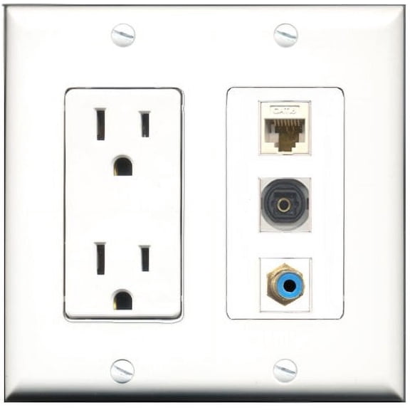 RiteAV - 15 Amp Power Outlet 1 Port RCA Blue 1 Port Toslink 1 Port Cat6 Ethernet Ethernet White Decorative Wall Plate