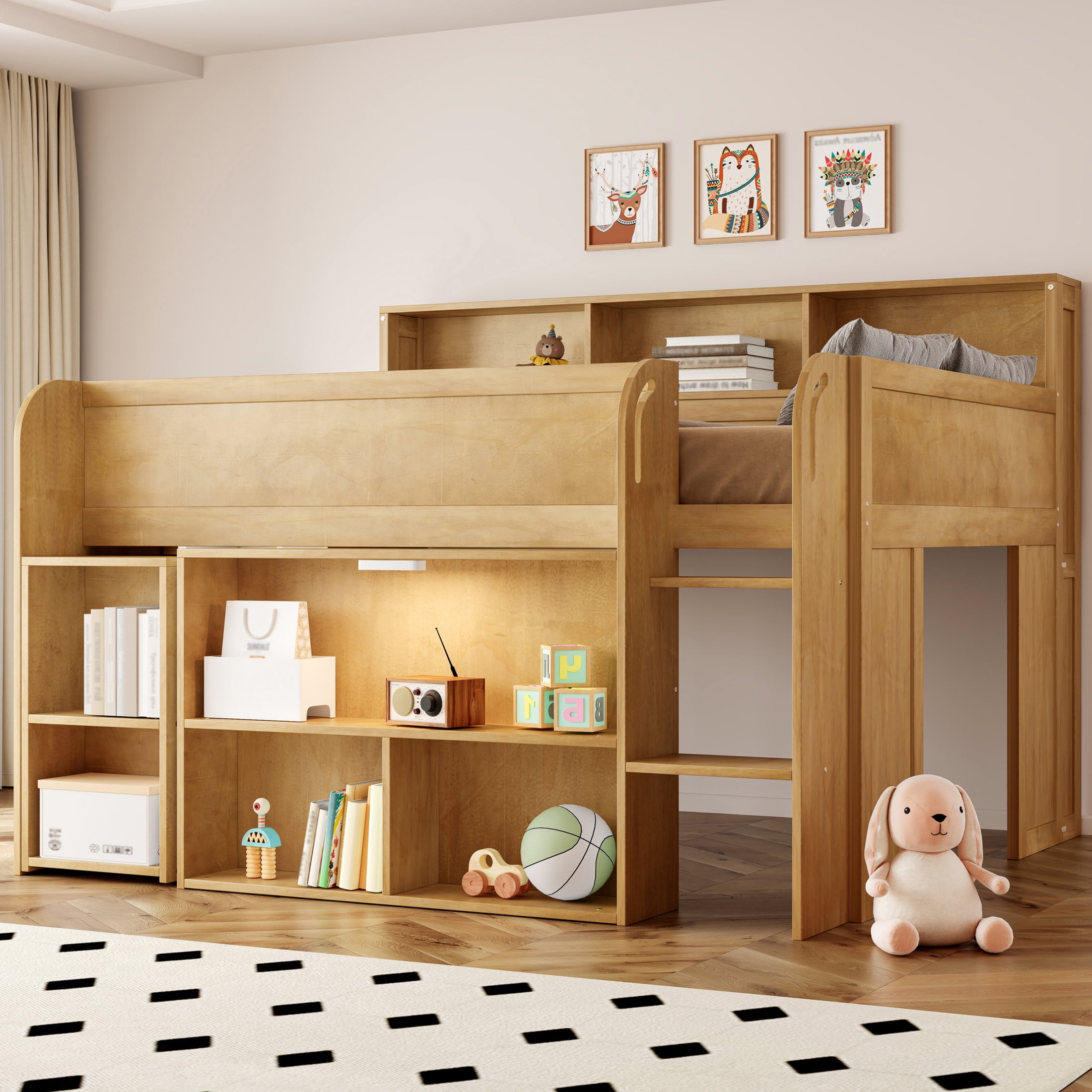 Noble House Nerwin Full Size Solid Wood Loft Bed with Built-in Desk, Storage Shelves and LED Lighting, Walnut