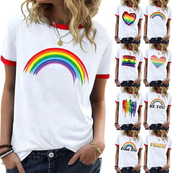 Womens Tshirts Rainbow Printed Short Sleeve T Shirt Top Tees for Women Blue L