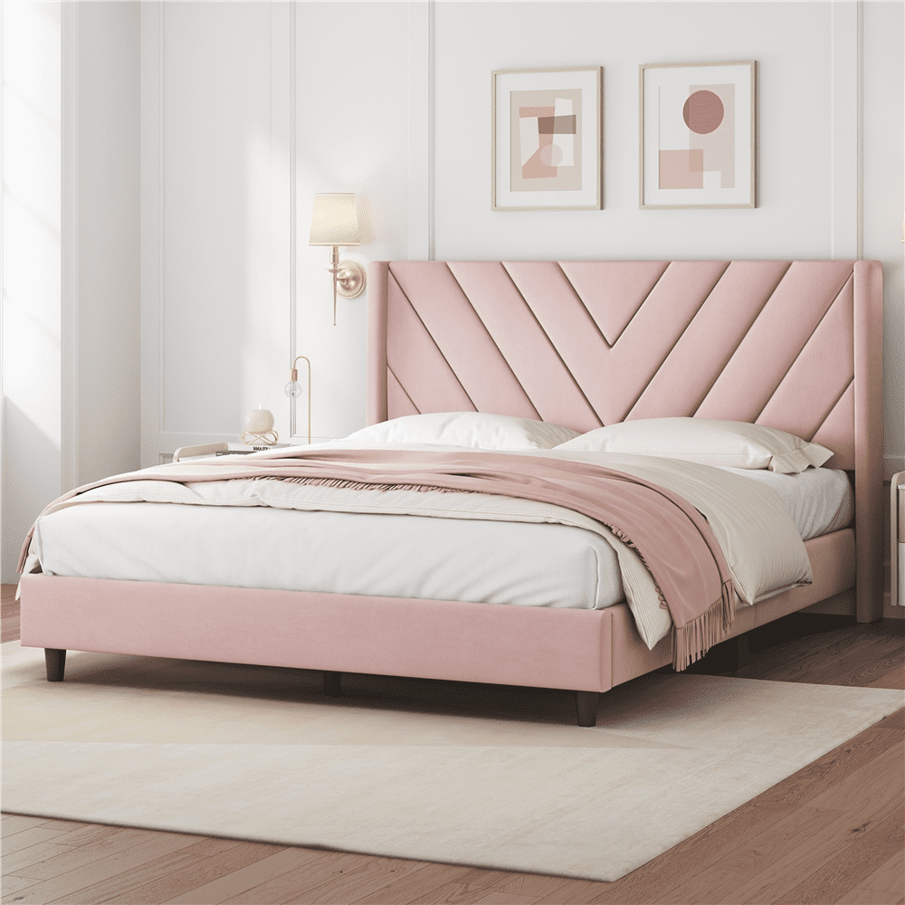 Fullfurnique Upholstered Platform Bed Frame with Wooden Slat Support, Queen, Pink
