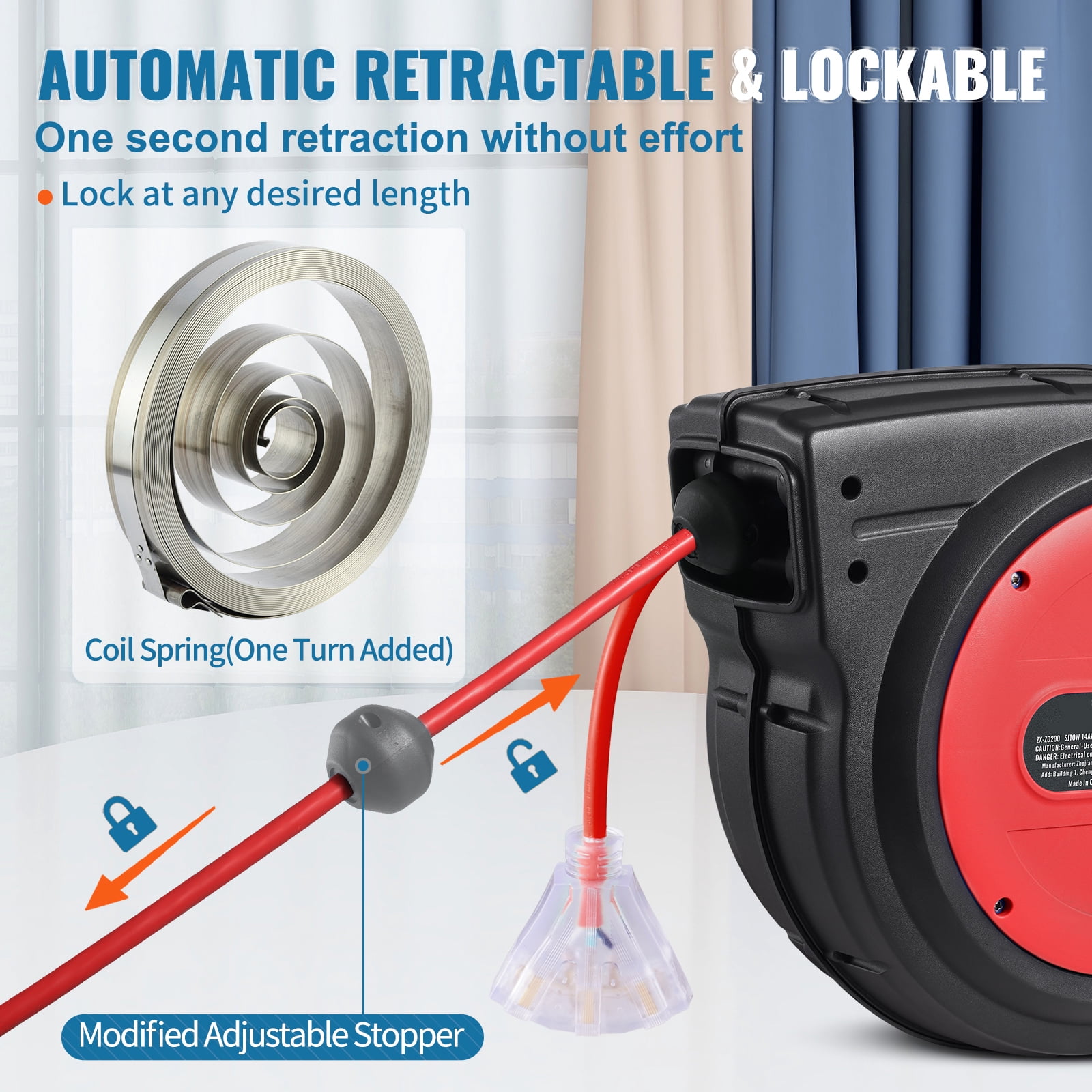 KFFKFF Retractable Power Cable Reel, 75 FT, Durable 14AWG/3C SJTOW Extension Cord with Illuminated Triple Outlet, 13 Amp Safety Circuit Breaker, 180° Rotatable Bracket for Wall ,Ceiling Installation