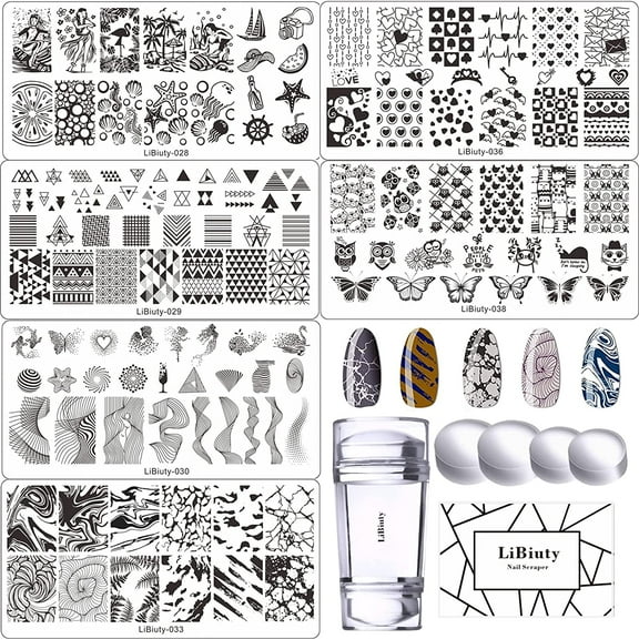 LiBiuty Nail Art Stamping Plates 6Pcs Nail Plates with Dual Head Stamper & Scraper Extra 4 pcs nail stamper heads for Nail Template Stamping DIY