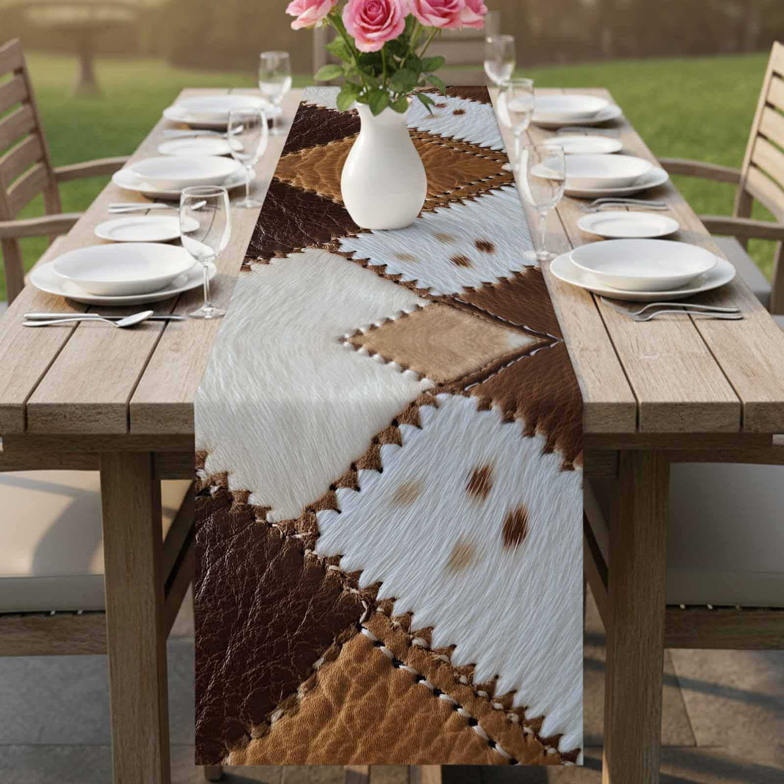 Leather Cowhide Table Runner, Brown White Seam Collage Abstract Art Cotton Linen Kitchen Table Decoration Washable Dining Tabletop Runners for Home Party Decor 18x72 Inches