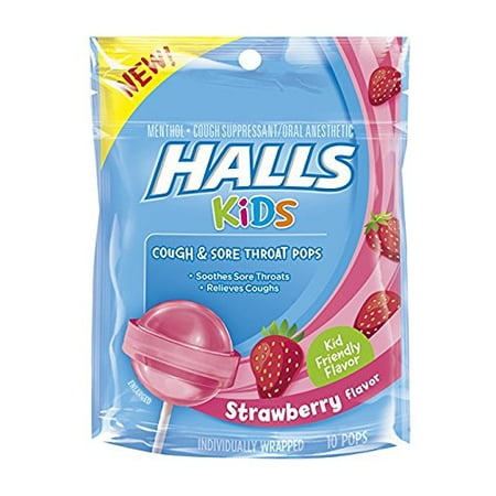 2 Pack Halls Kids Cough and Sore Throat Pops, Strawberry, 10 Little Pops
