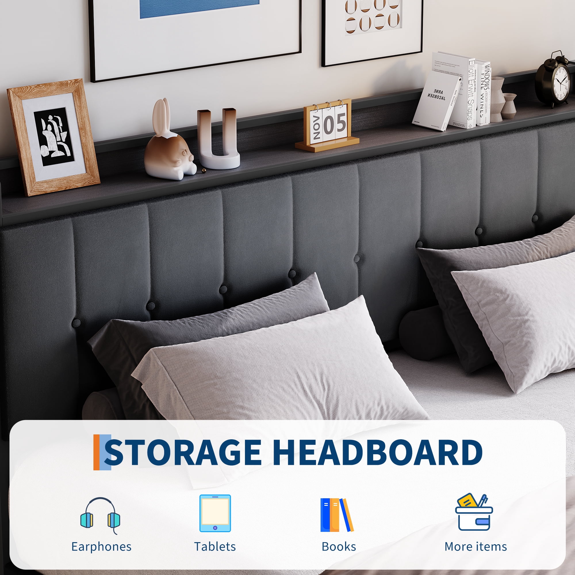 Kicctian King Size Lift-Up Storage Bed Frame, Upholstered Headboard with Hydraulic Support, Heavy-Duty Wood Slat Support, No Box Spring Required, Noise-Free, Easy Assembly, Gray