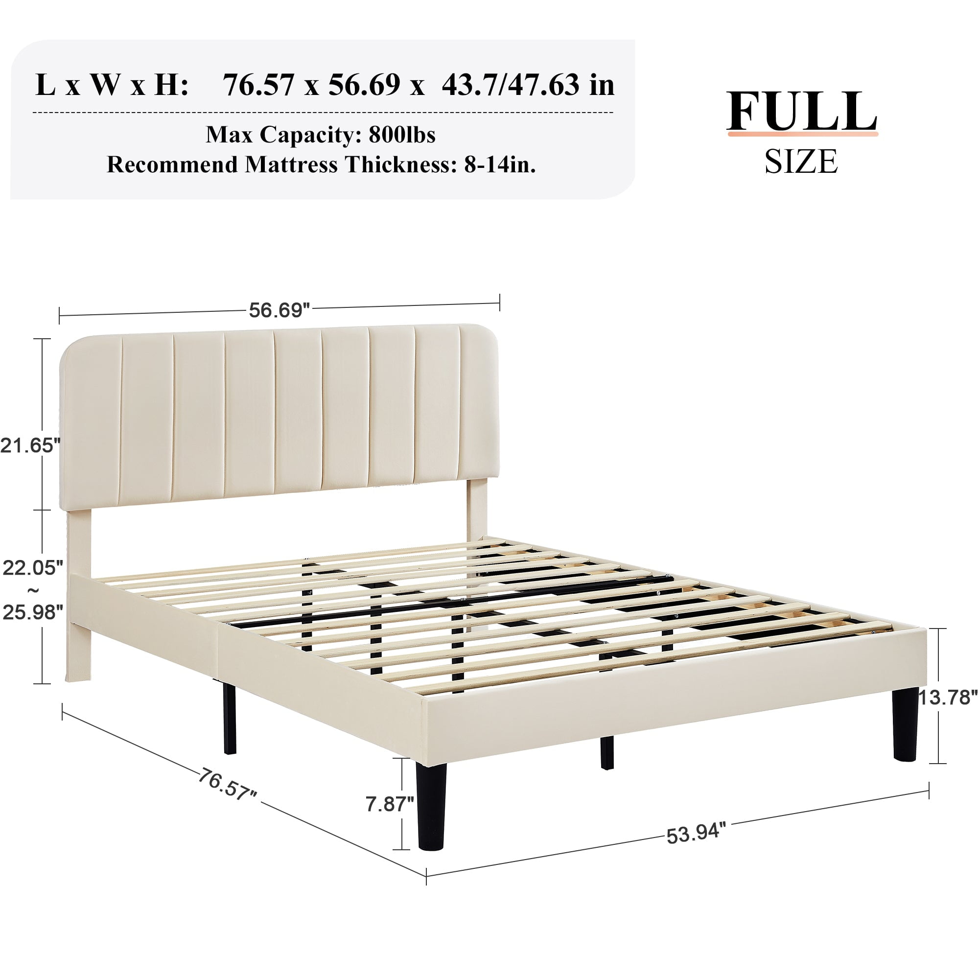 VECELO Full Size Bed Frame, Upholstered Platform Bed Frame with Adjustable Headboard, No Box Spring Needed, Easy Assembly, Beige