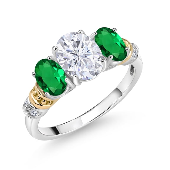 Gem Stone King 925 Sterling Silver and 10K Yellow Gold Oval White Moissanite Green Nano Emerald and White Diamond 3 Stone Ring for Women (2.33 Cttw, Gemstone Birthstone, Size 7)