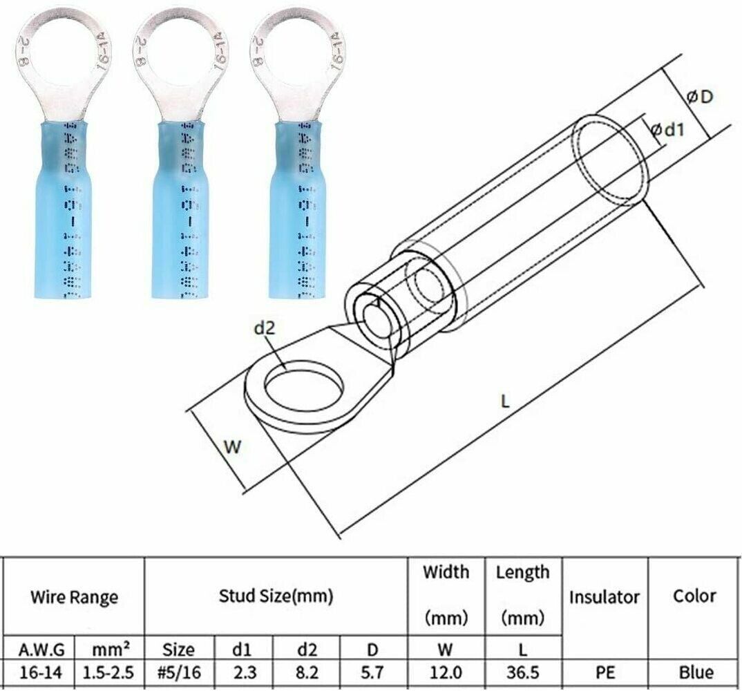200Pcs Ring Eyelet Heat Shrink Wire 16-14AWG GA Gauge Connectors Terminals Kit