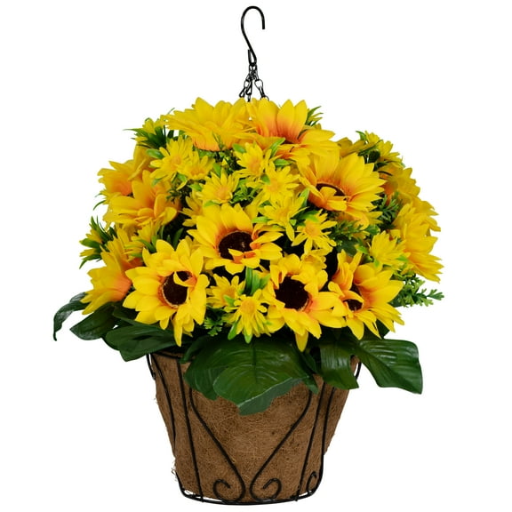 Sympathy Silks Artificial Cemetery Flowers - Hanging Basket with Sunflowers